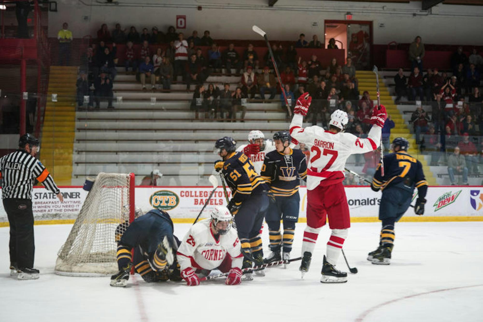Sophomore forward Morgan Barron celebrates after scoring Cornell's first goal of the night. Cornell went on to defeat Laurentian in a dominating 6-1 victory. (Ben Parker / Sun Staff Photographer)