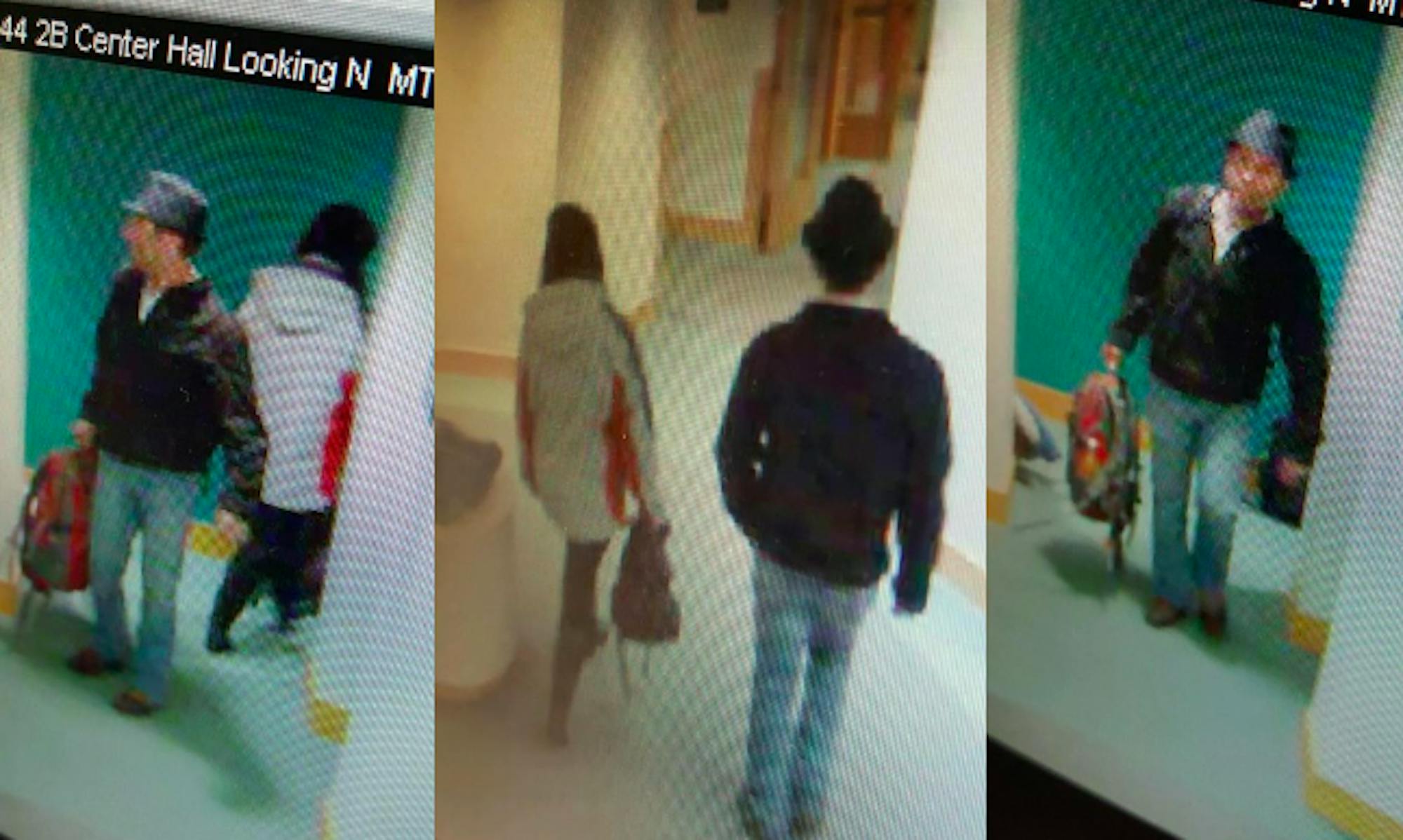 A compilation of three still images from security tape shows a man and woman Cornell Police suspect of carrying out a string of thefts on campus Thursday.