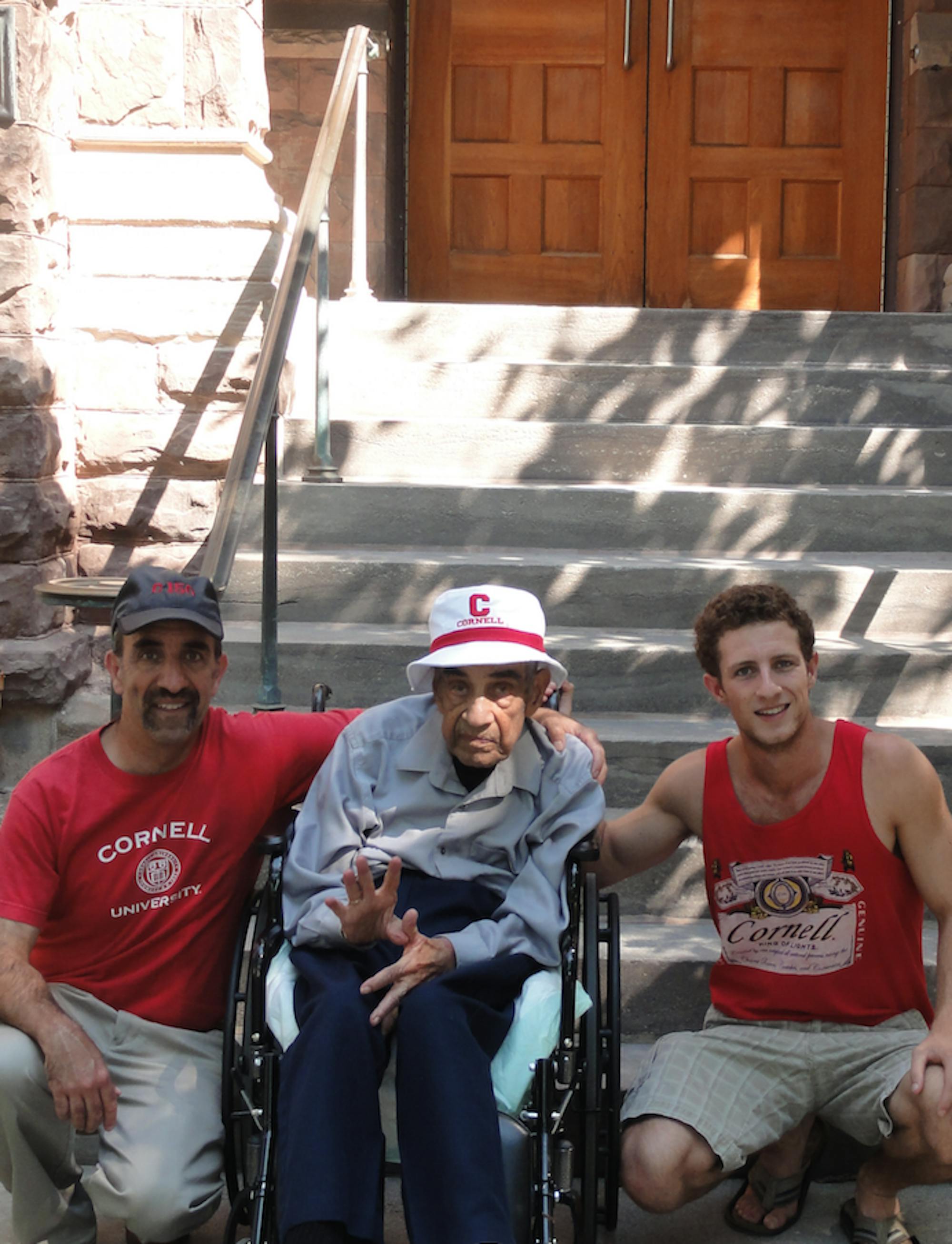 Andre Sofair '82, Meir Sofair '42 and Luke Sofair '19 in front of Lincoln Hall.