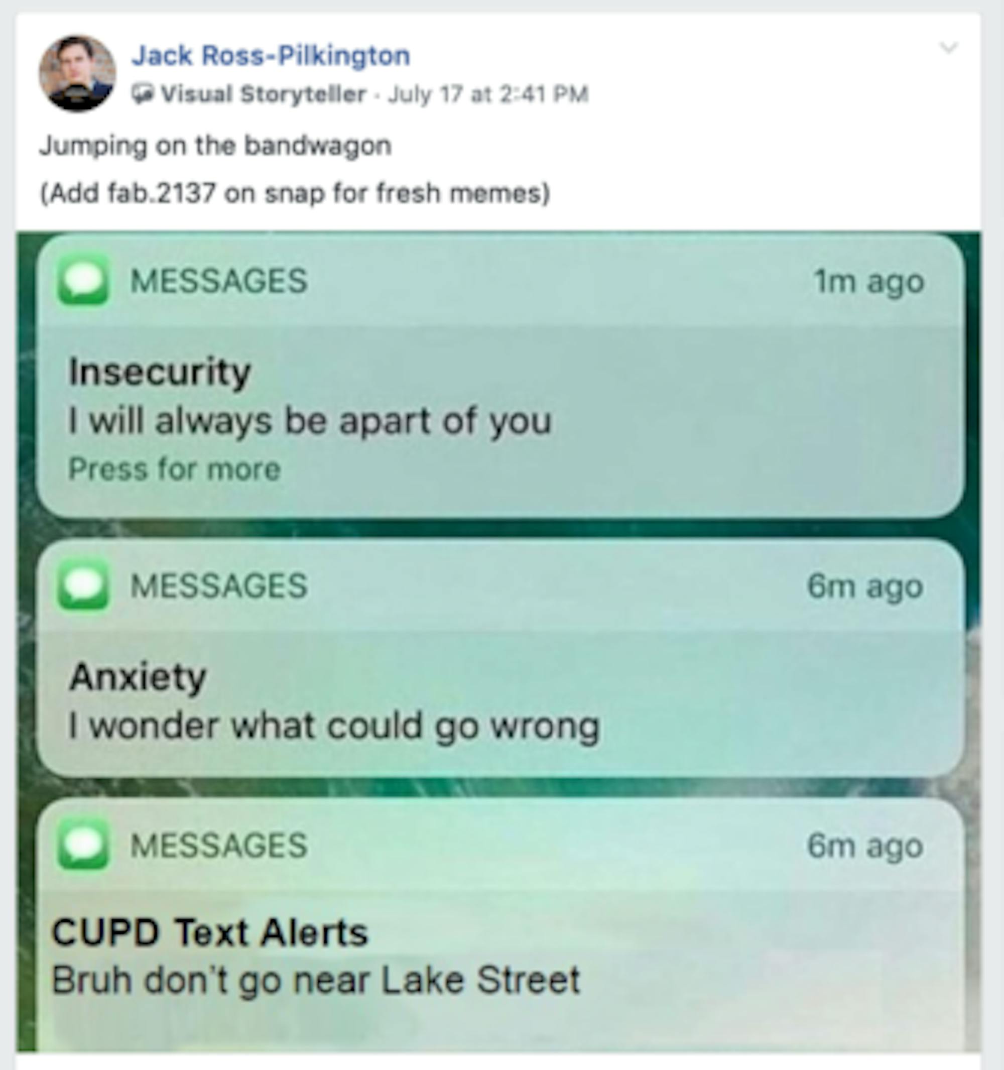 Memes like this one, making light of the plethora of alerts, flooded the Cornell Facebook meme page.