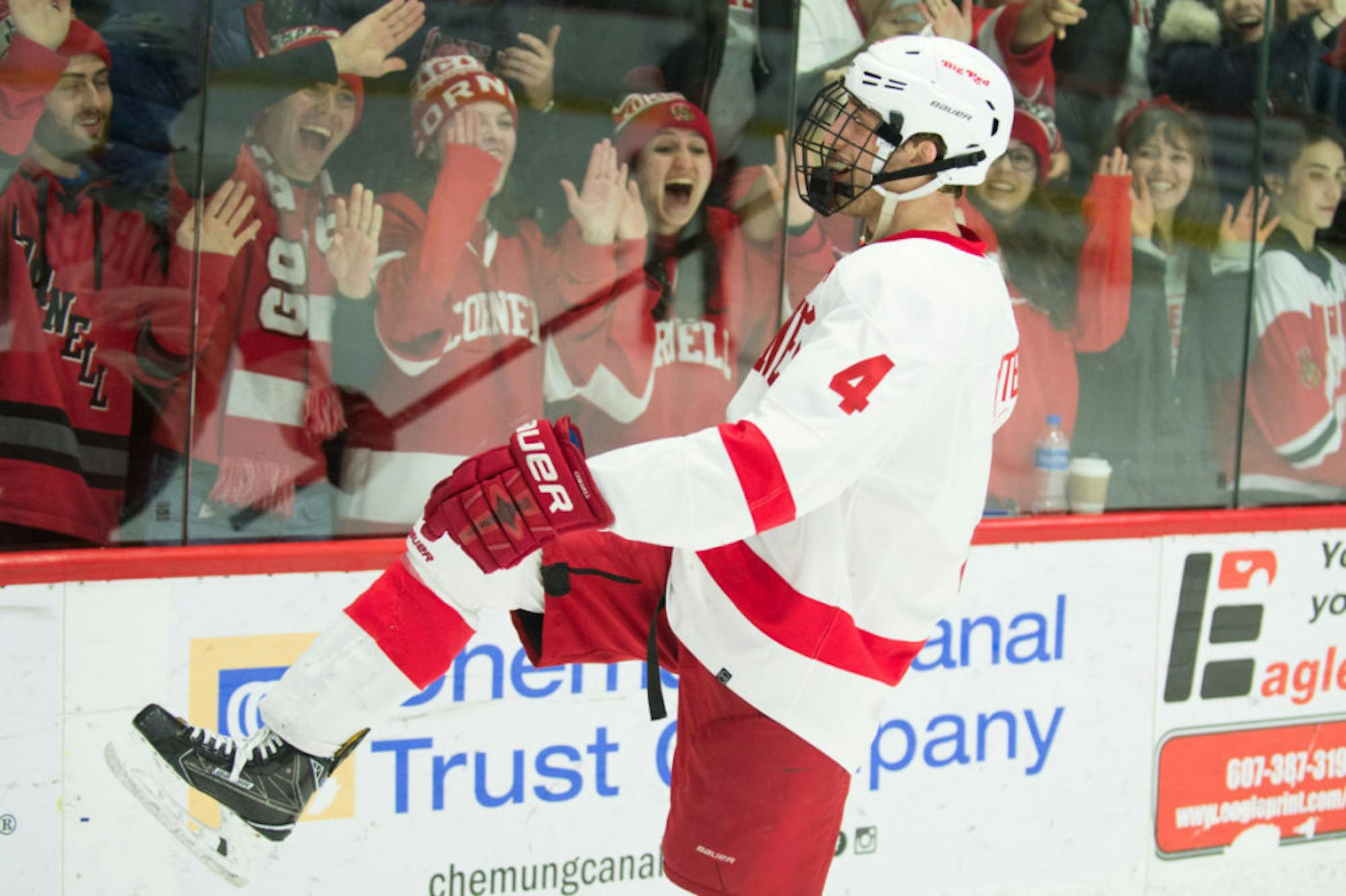 Then-captain Alex Rauter '18 celebrates his goal in Cornell's most recent game against Quinnipiac, a series-clinching victory in the ECAC quarterfinals.