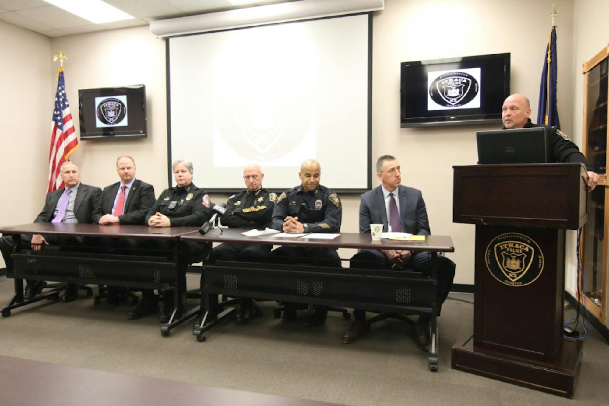 Lt. Daniel Donahue, far right, of the Tompkins County Sheriff's Office, speaks at a press conference on Saturday, Jan. 27, 2018. At center, representatives of multiple police agencies who participated in the task force.
