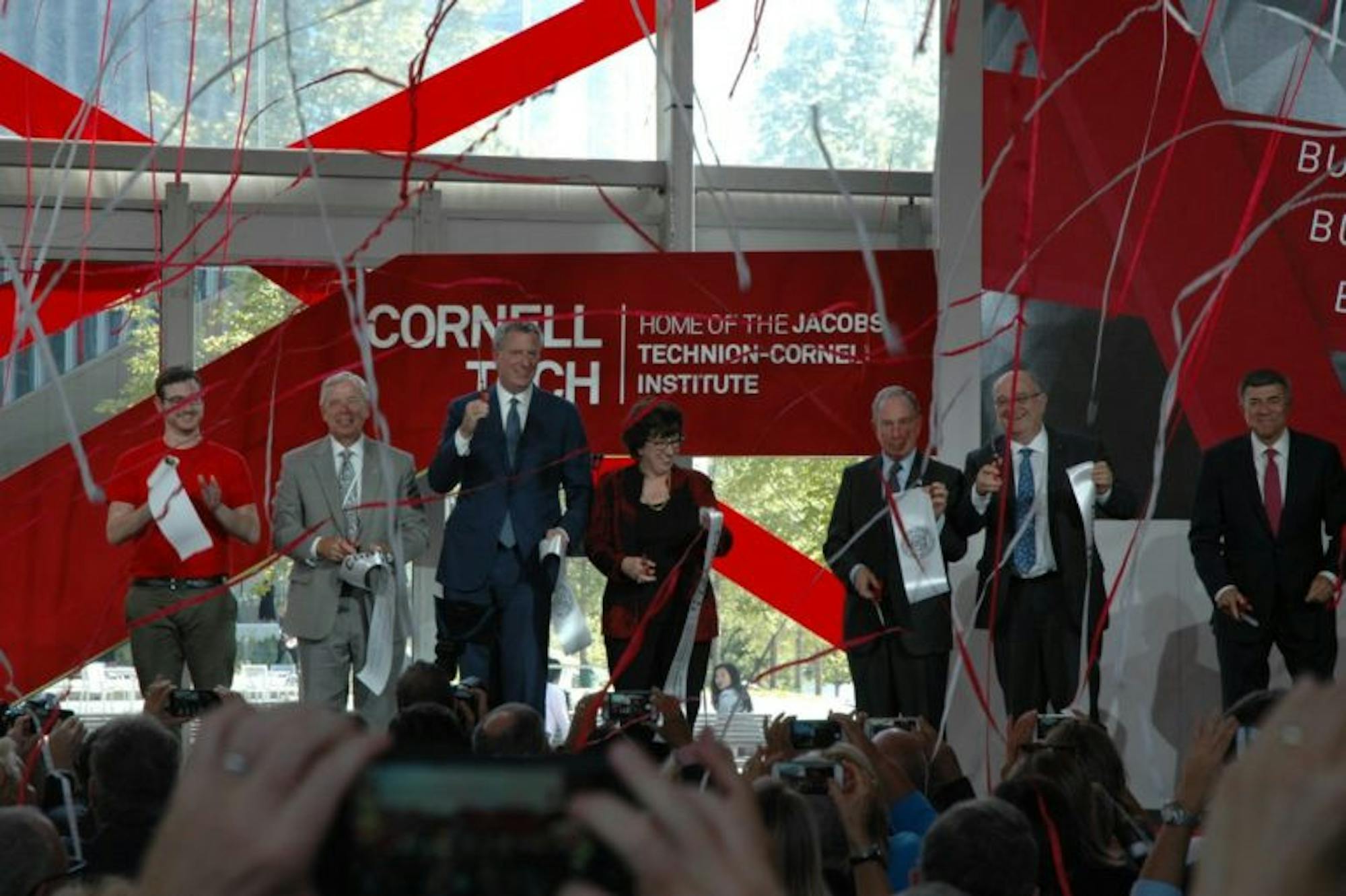 The University's top officials at the opening of Cornell’s Tech Campus on Roosevelt Island in New York City in September 2017.