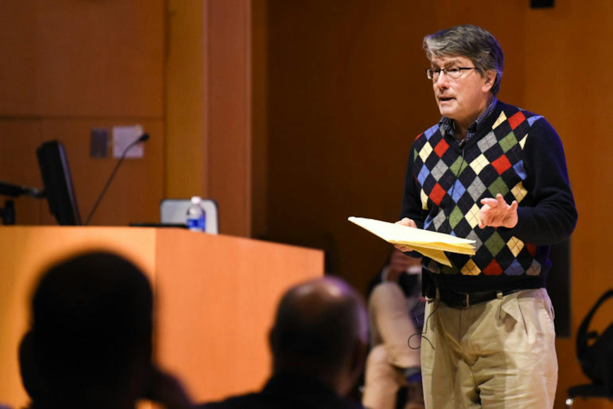 Prof. Timothy DeVoogd, psychology, argues in favor of preserving neuroscience at the Apocalypse Debate at Klarman Hall on November 5th, 2019. (Boris Tsang/Sun Photography Editor)