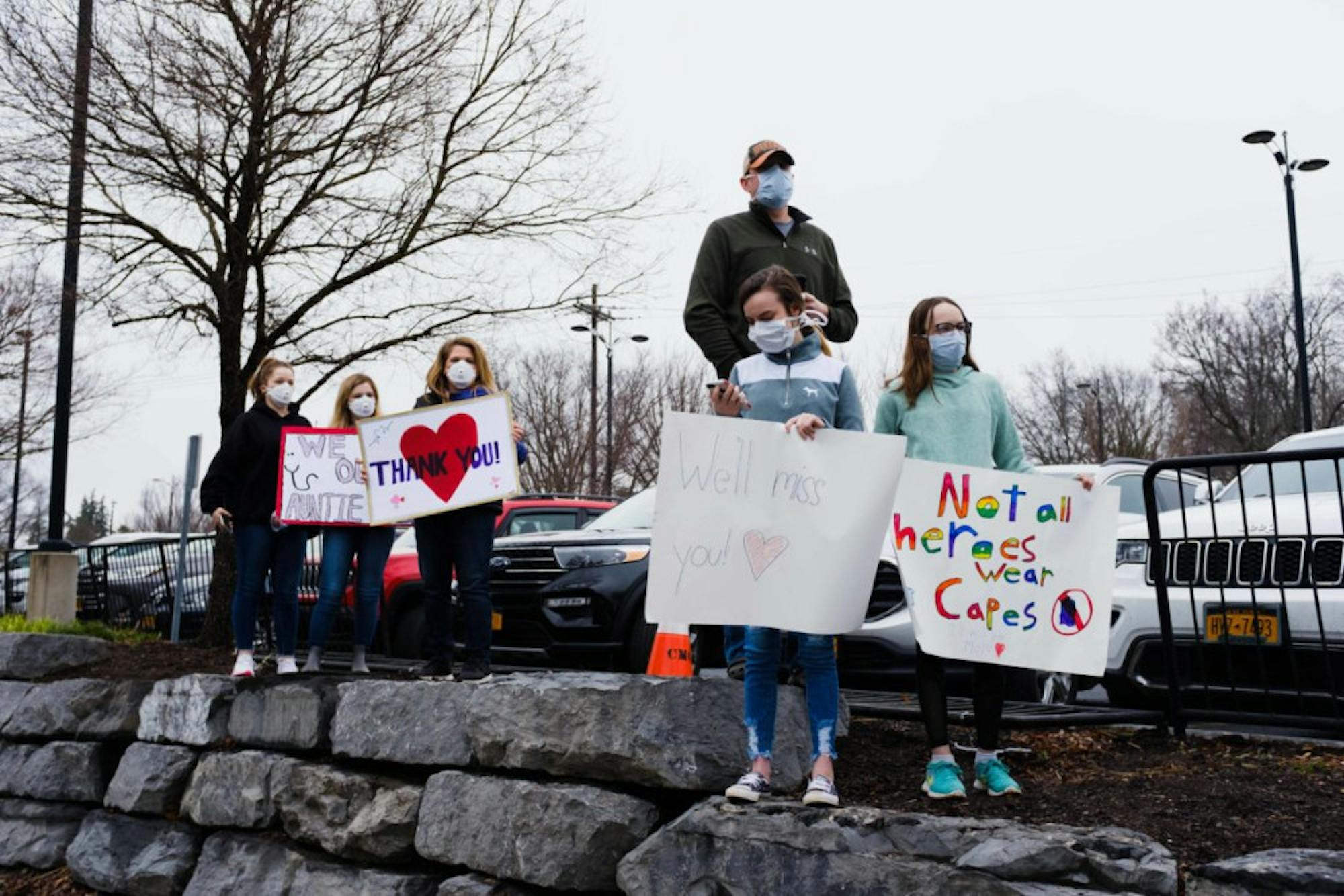 Members of the community gathered at Cayuga Medical Center on Wednesday, April 9, in a send off for health workers heading to New York Presbyterian Hospital to support COVID-19 efforts in New York City.