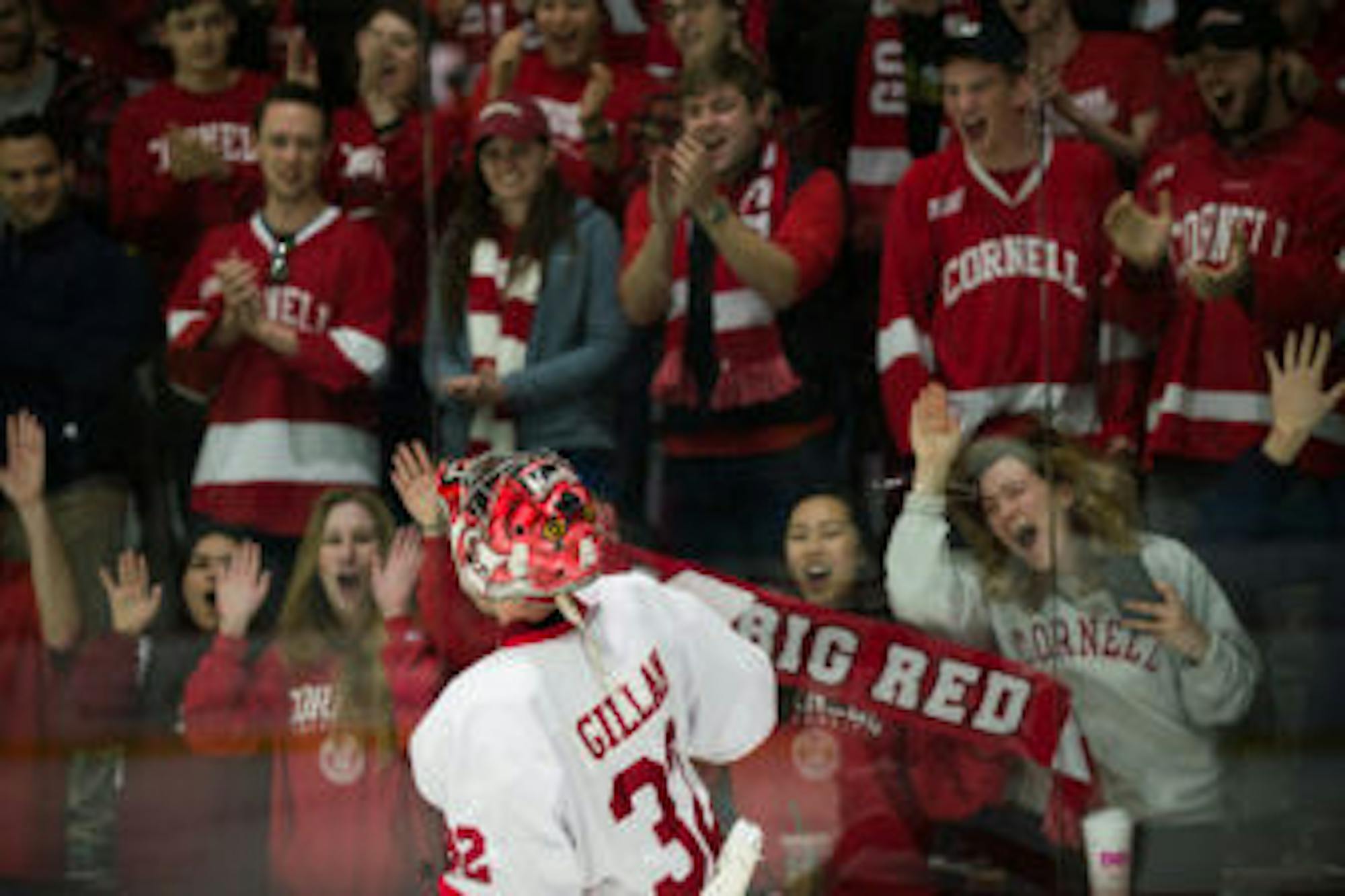 Senior Goaltender Mitch Gillam celebrates with the Lynah Faithful after the Red win the ECAC quarterfinals against Clarkson 2-1. (Cameron Pollack / Sun Photography Editor)