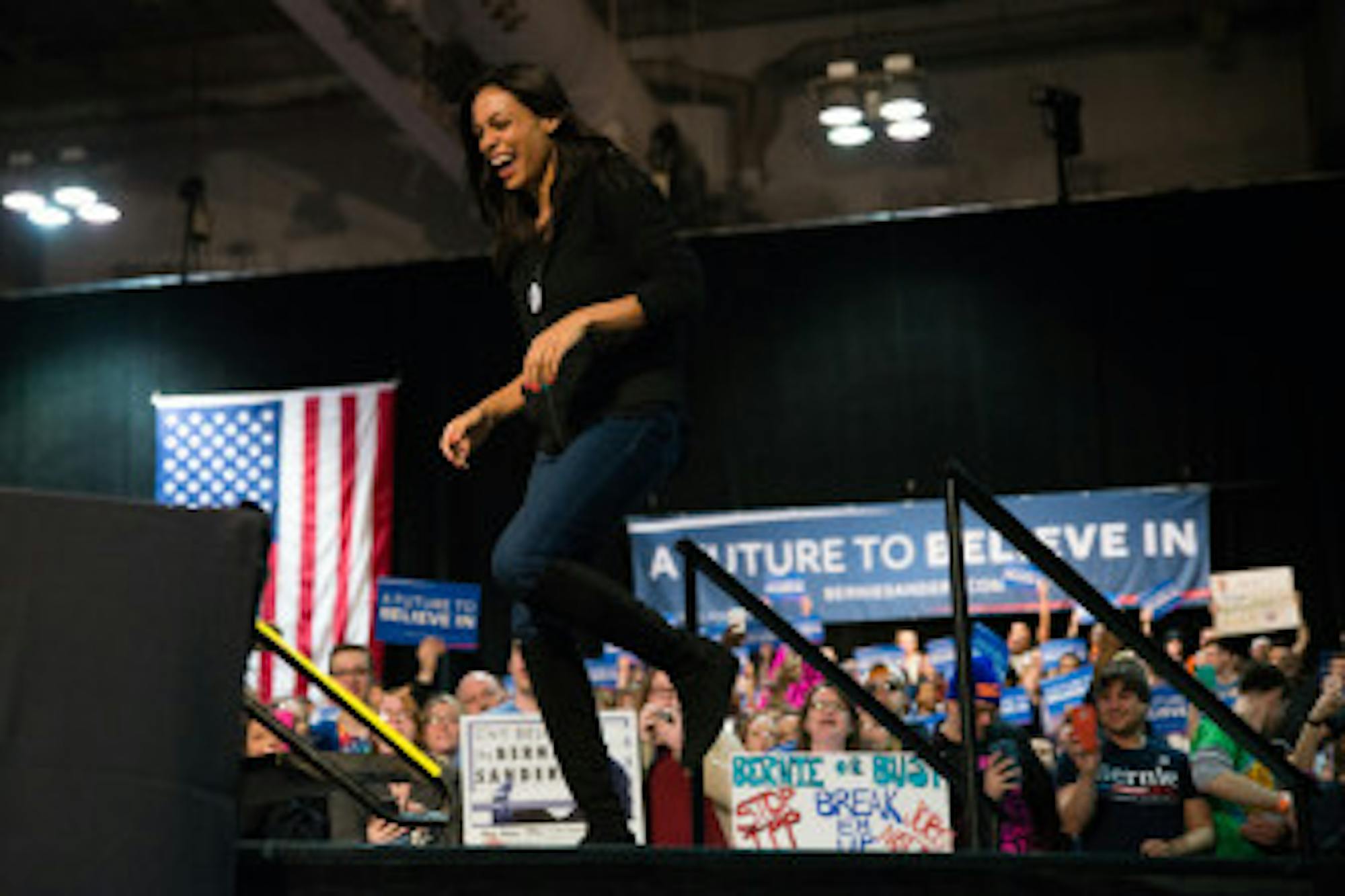 Roario Dawson introduces Bernie Sanders at his rally Tuesday.