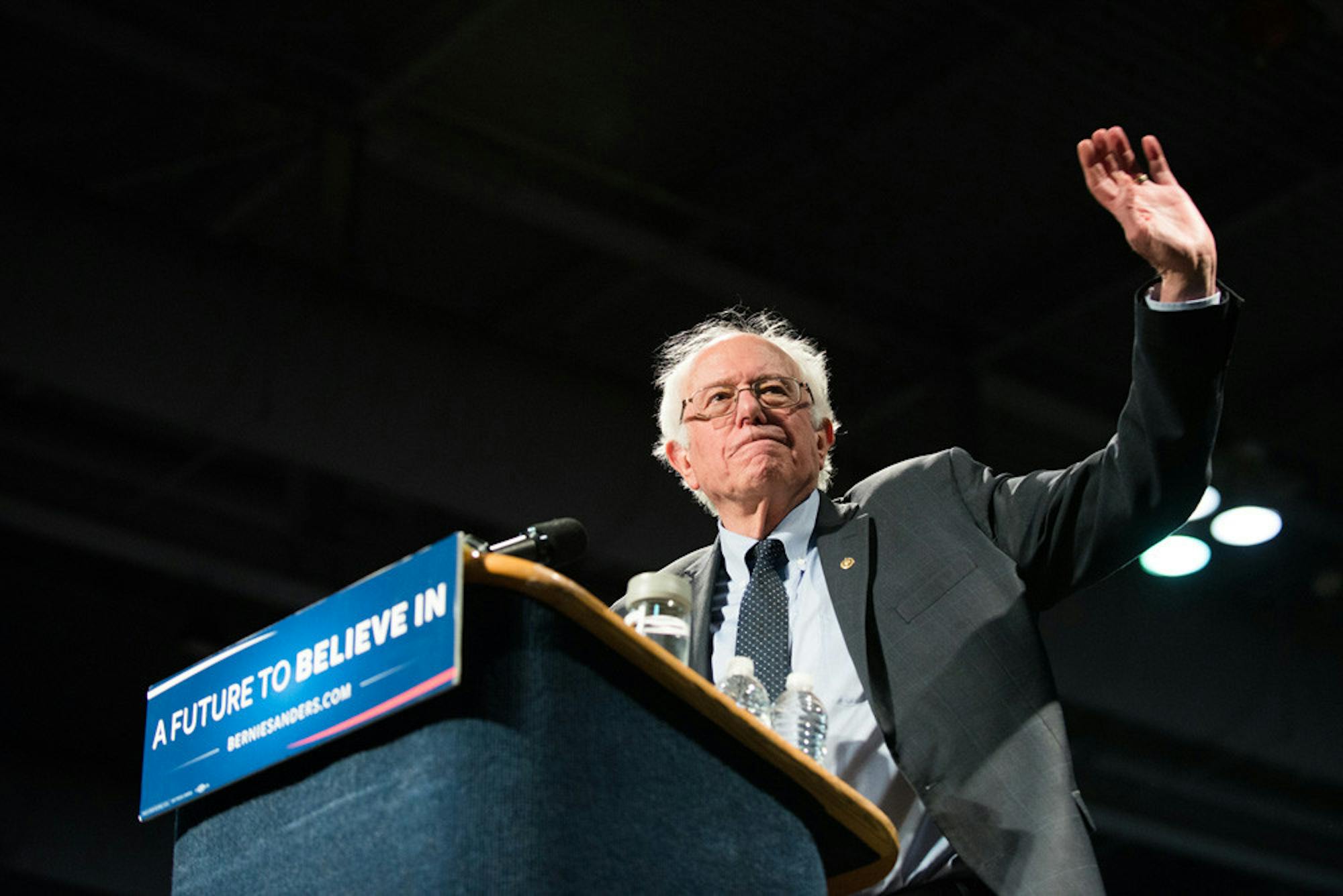 Presidential candidate Bernie Sanders waves at the crowd in Syracuse Tuesday.