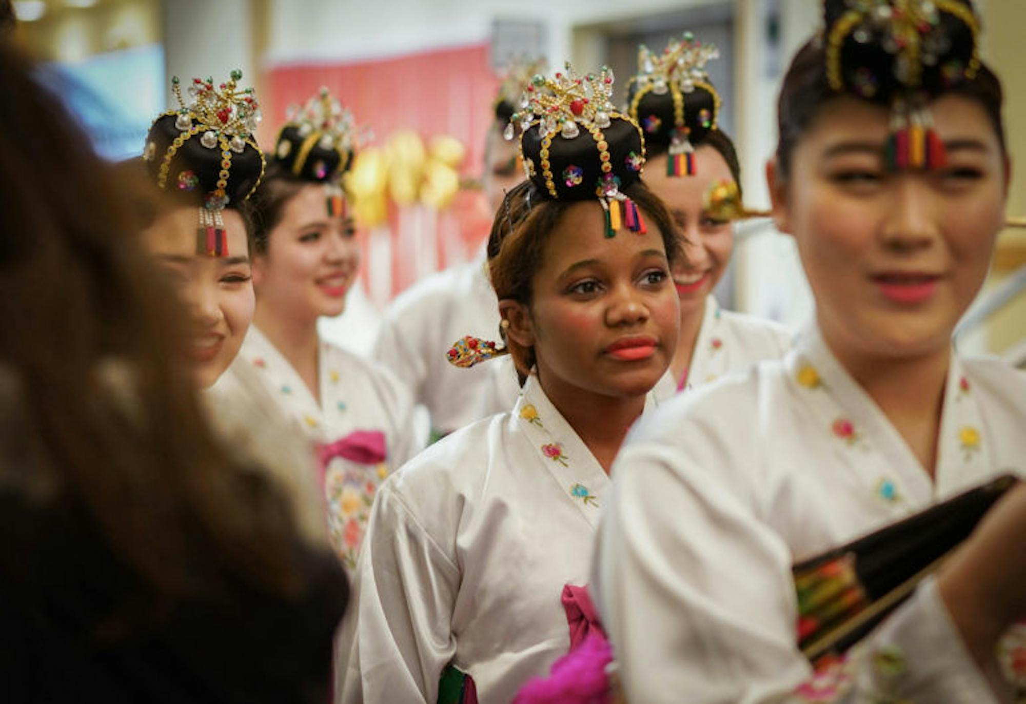 Members of Hanchum, a Korean traditional dance team, prepare to perform at Cornell Chinese Students Association's Midnight Dimsum event at Duffield Hall Saturday night. (Jing Jiang / Sun Staff Photographer)