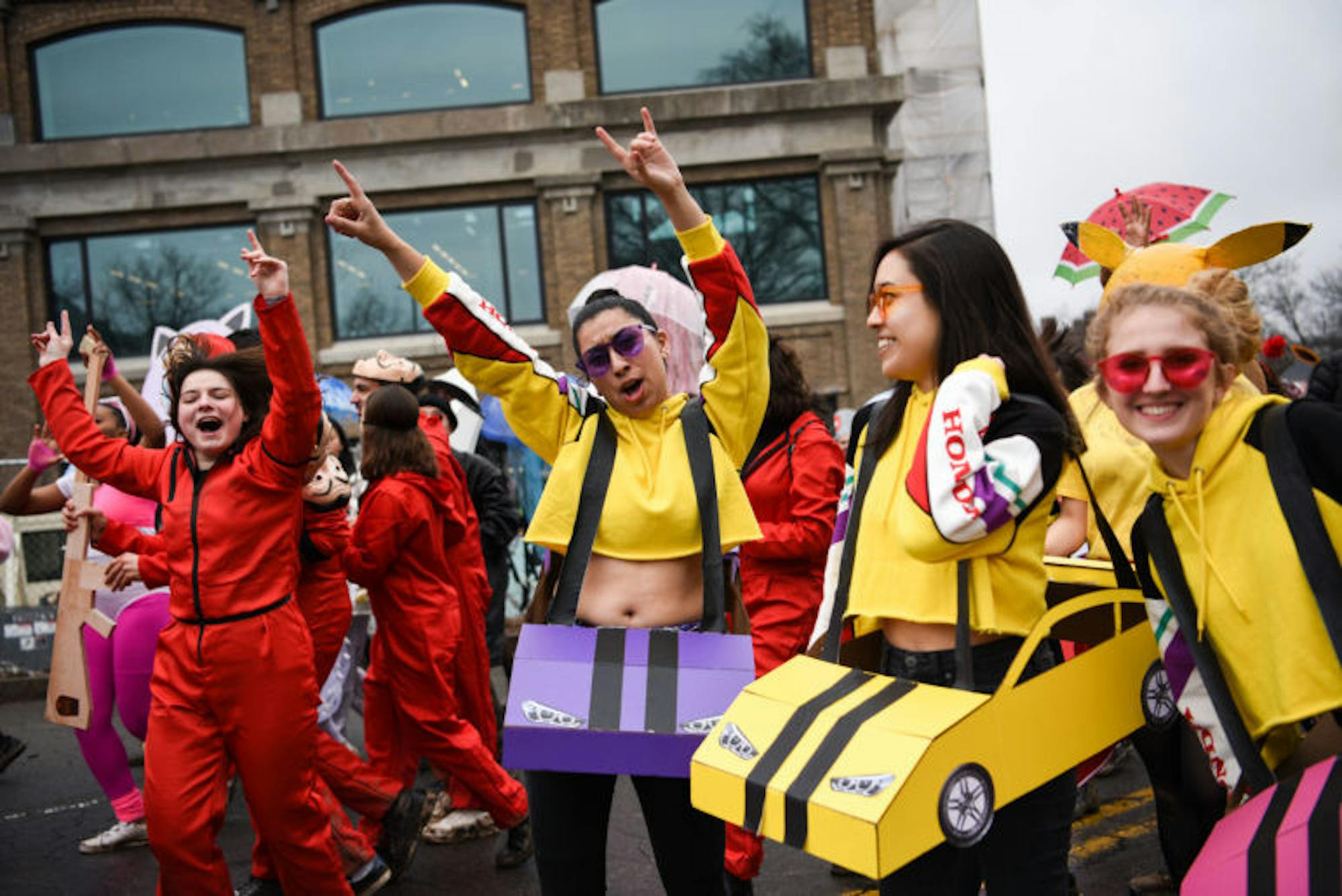 While the freshmen uniformly donned black with the exception of the silver and gold pieces of mylar, the upperclassmen leading the procession displayed a wide array of color and creativity in their costumes.