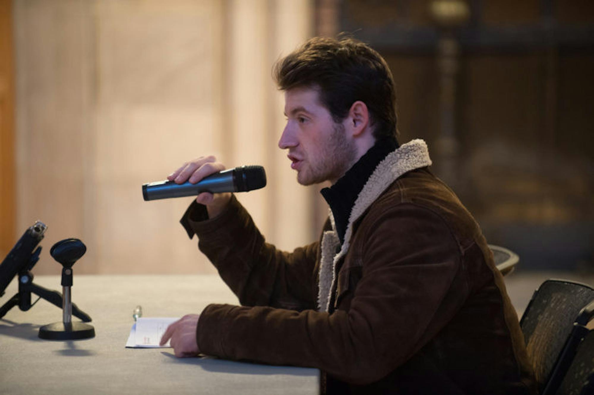 Gabriel Kaufman '18 presents an apology to the community for the distress the recommendation made by his committee to defund Cornell Cinema had caused.