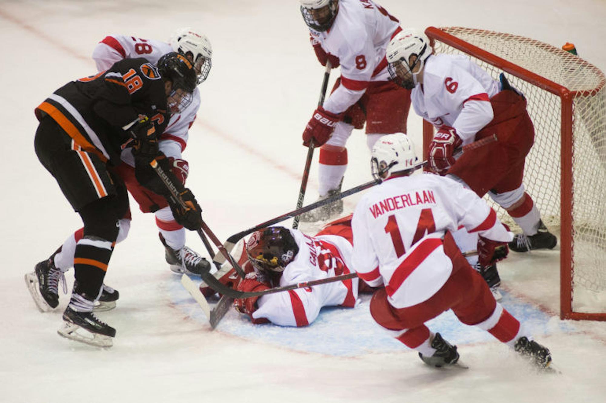 Freshman goaltender Matt Galajda makes a save at the game against Princeton.