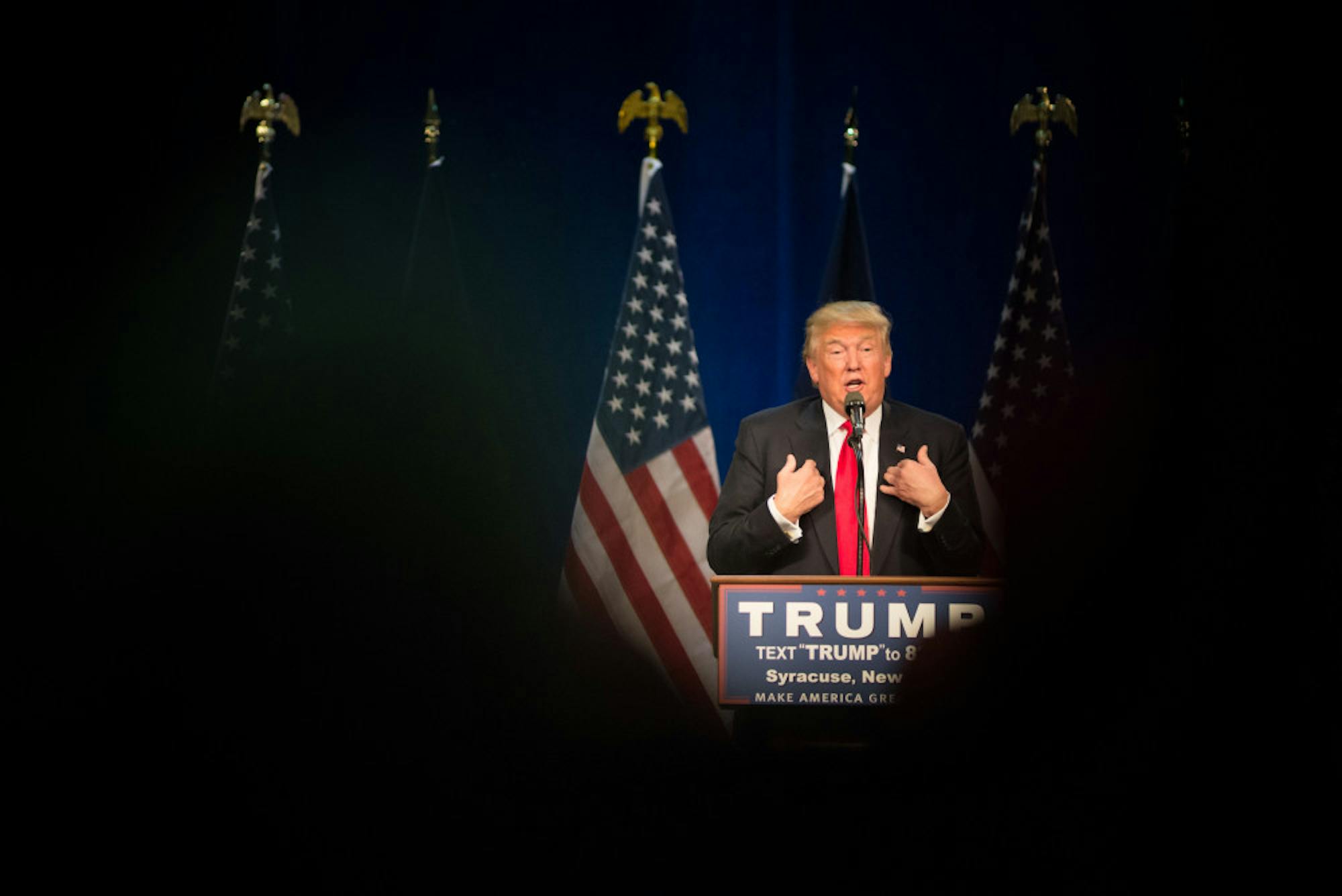 Donald Trump takes the stage in Syracuse Saturday.