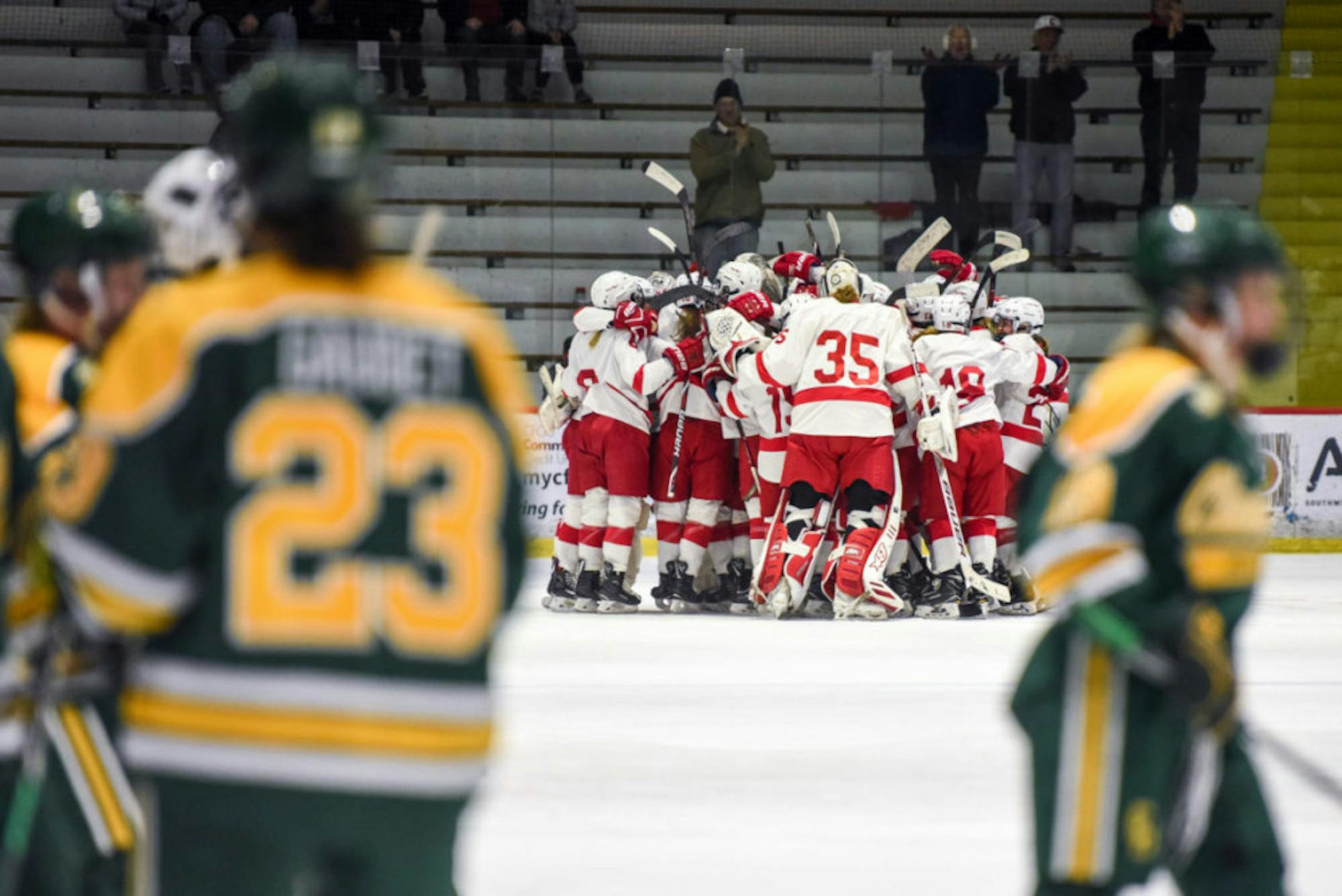Cornell celebrates its December win over Clarkson.