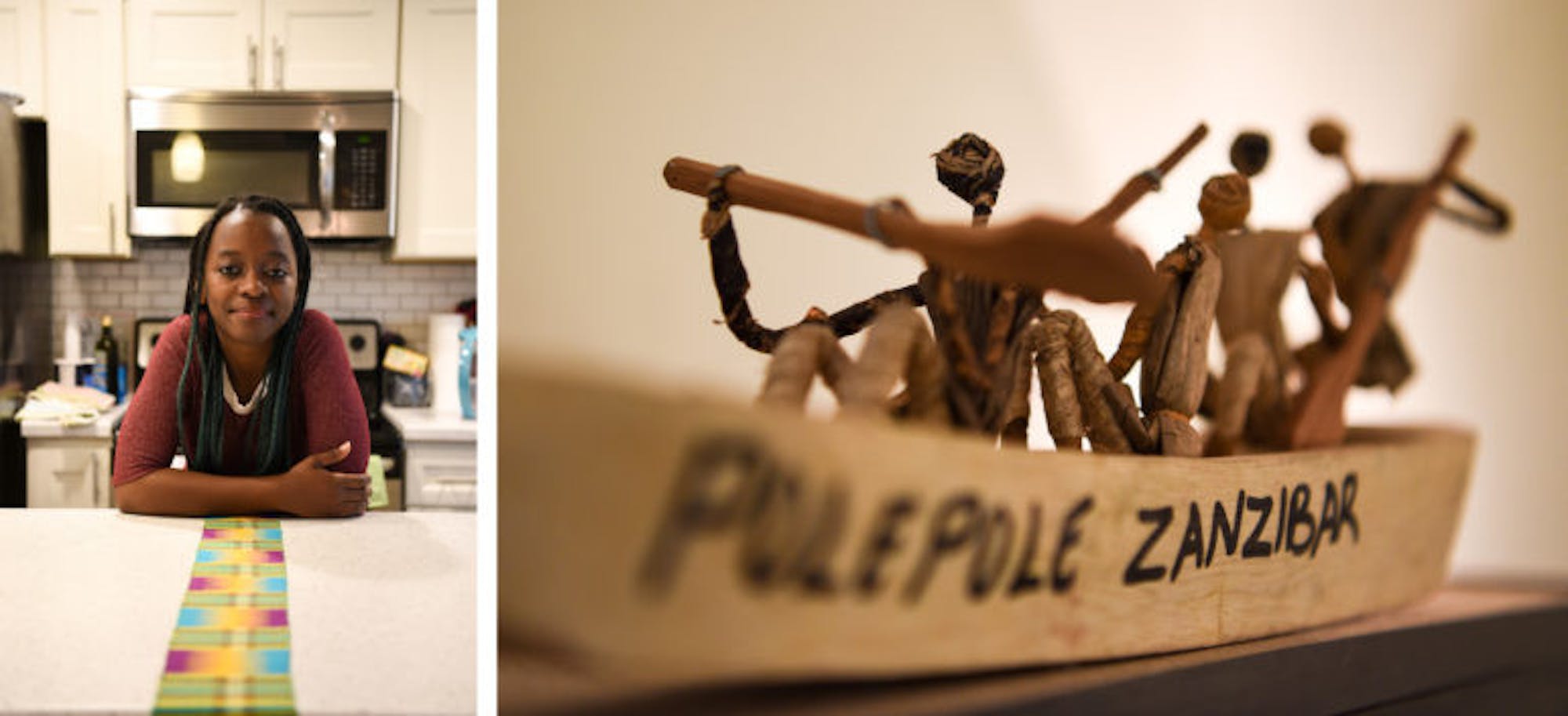 Valencia Lambert '20, of Dar es Salaam, in her Ithaca apartment. Pictured right: a memorabilia from home.