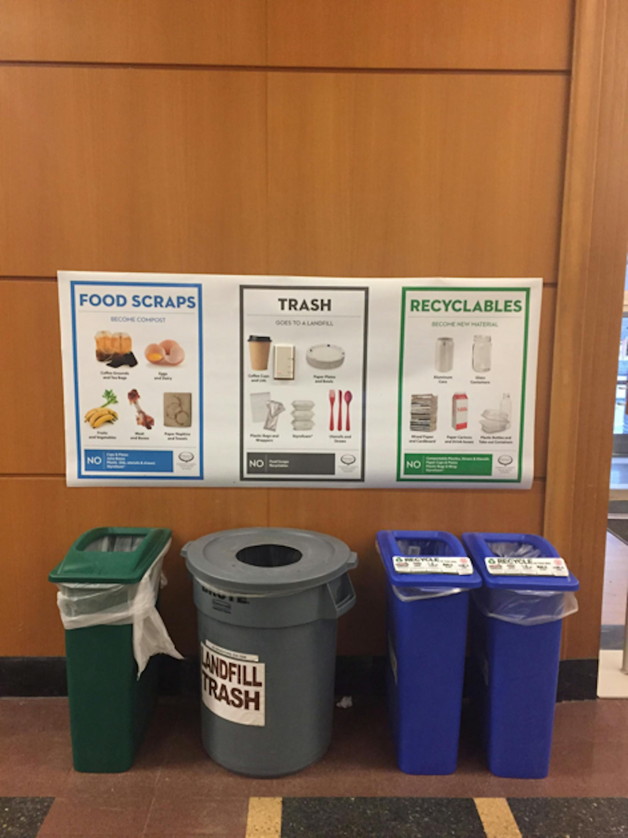 Pre-intervention signs (notice the generic items, unilingual signs; colors do not match bin color)