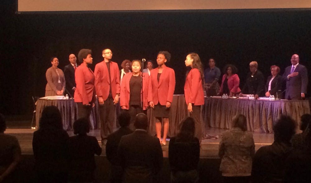 The Mumford Glee Club sang "Lift Every Voice and Sing before the start of&nbsp;DPSCD Board of Director's meeting in the Mumford Auditorium on May 8.