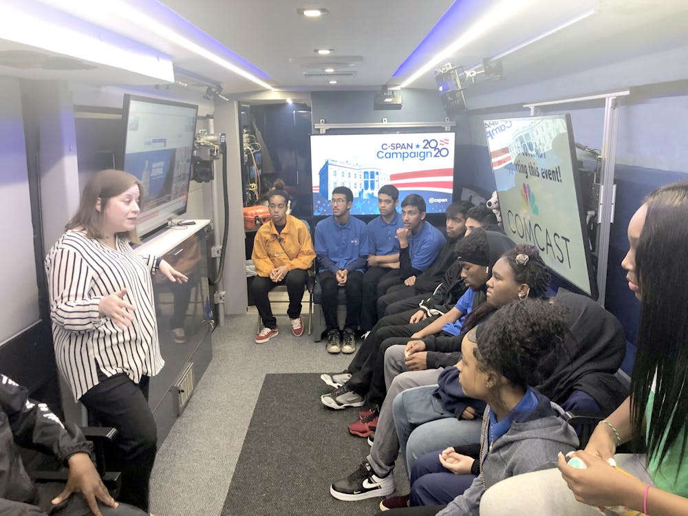 <p>BCHS students listen to a presentation on the C-Span bus.&nbsp;</p>