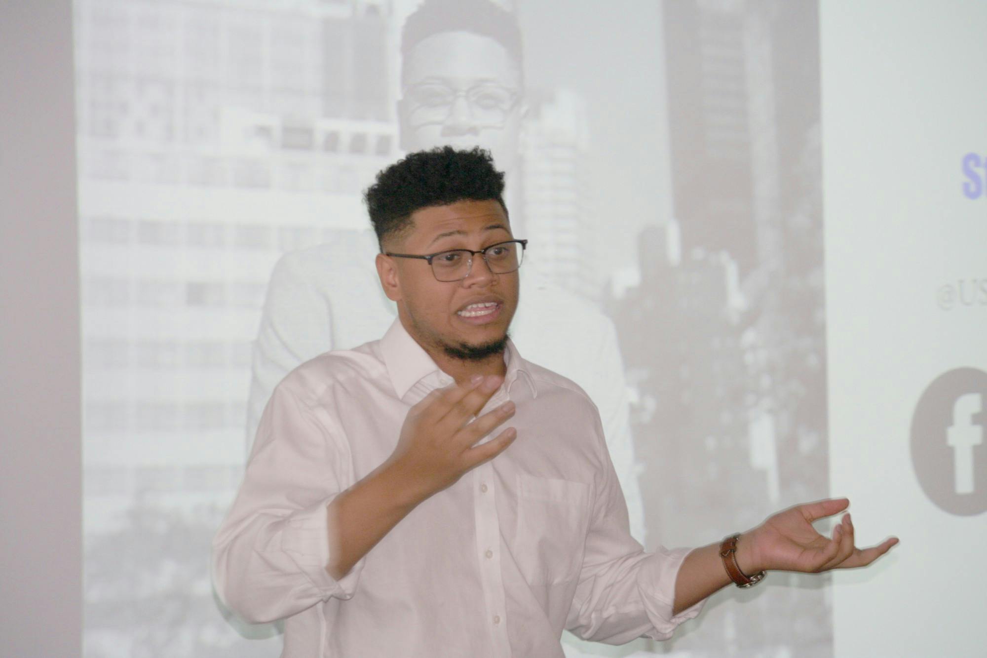 United Nations Youth Observer Jay’len Boone talks about his job and his background at Mumford on Feb. 7. Boone met with the leadership of the student councils from all of the Detroit high schools and stayed on to meet with Mumford’s student council. Photo by Logen Merritt.