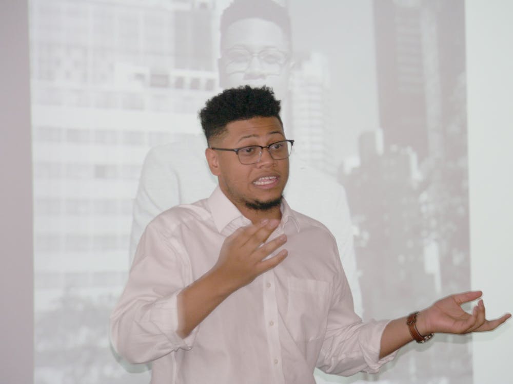 United Nations Youth Observer Jay’len Boone talks about his job and his background at Mumford on Feb. 7. Boone met with the leadership of the student councils from all of the Detroit high schools and stayed on to meet with Mumford’s student council. Photo by Logen Merritt.