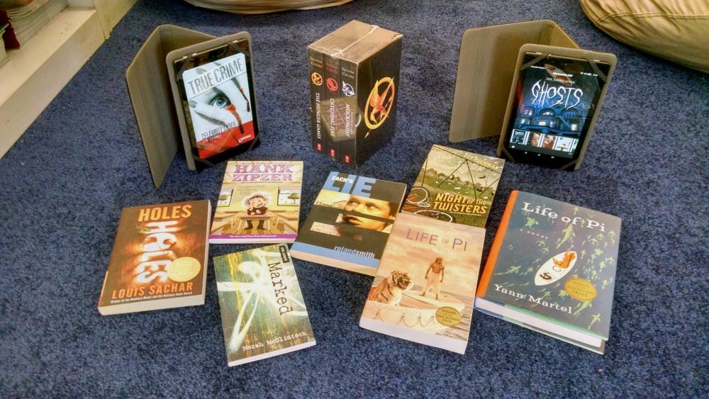 <p>Here is a variety of books Douglass students get to choose from while they read off the Kindle Fires. They&nbsp;have hard cover books as well so there is a unlimited reading.</p>