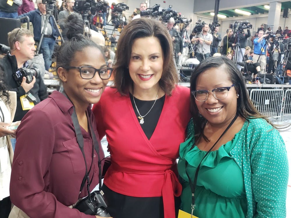 <p>Gubernatorial candidate Gretchen Whitmer with CT Visionary adviser Stephanie Griffin, right, and editor Aja Gaines.</p>