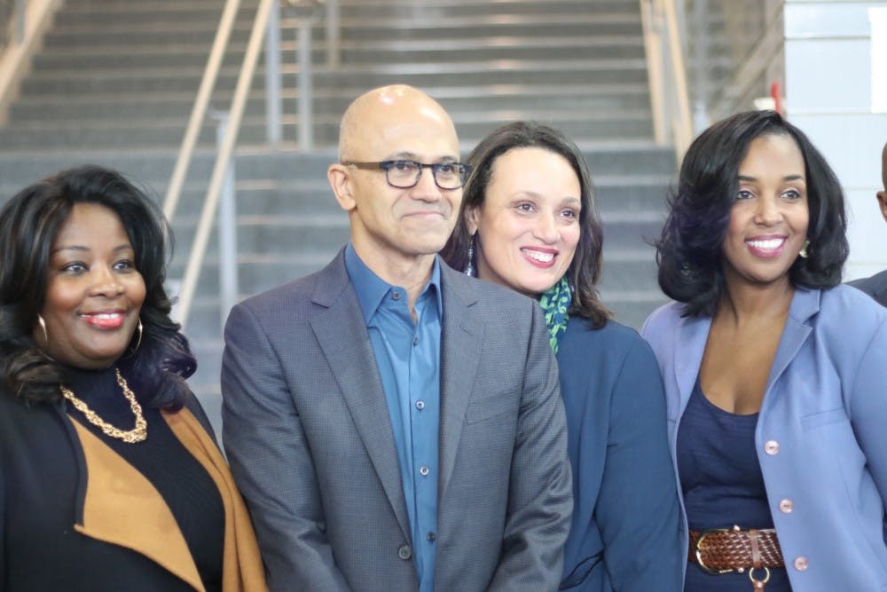 Cass Tech principal Lisa Phillips, left,&nbsp;Microsoft CEO Satya Nadella,&nbsp;Tonya Allen from the Skillman Foundation, and assistant principal Laurie Singleton, at&nbsp;Cass Tech High School on Feb. 9.Microsoft is moving its offices in&nbsp;Southfield to&nbsp;downtown Detroit.&nbsp;&nbsp;"He was a great speaker, and seemed to be very interested in helping Cass Tech," Cass Tech senior Daniel Square said. "Teachers were showing off the creative ways that technology is being used throughout the departments.".