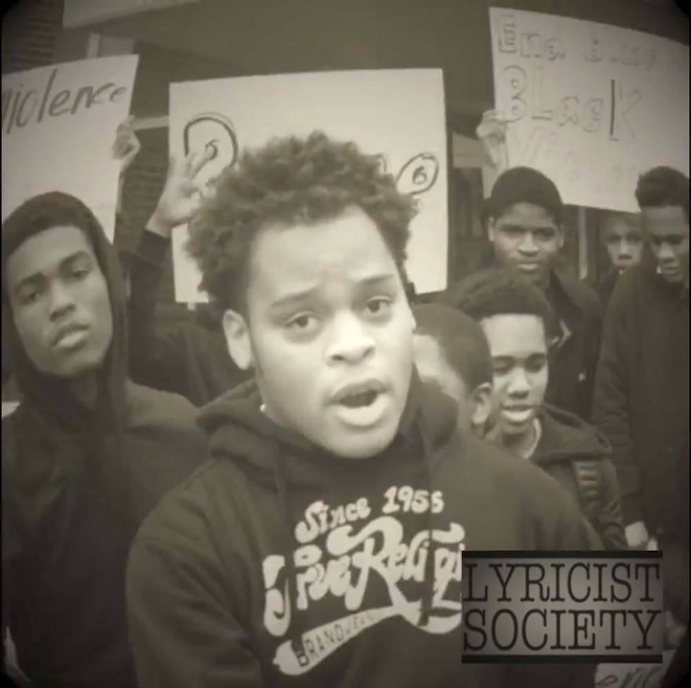 <p>Douglass senior Drake Glover is the lead rapper for the Lyricist Society’s new song, “Peace.” The group has recorded original songs under the direction of Douglass teacher Quan Neloms since 2010.</p>