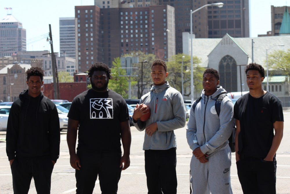<p>The Sound Mind, Sound Body camp has provided low-income students with exposure to college recruiters and coaches nationally. Cass Tech’s recent participants were: From left to right: Donovan Peoples-Jones, Michael Owenu, Jayru Campbell, Tim Walton, Demetric Vance Jr.</p>