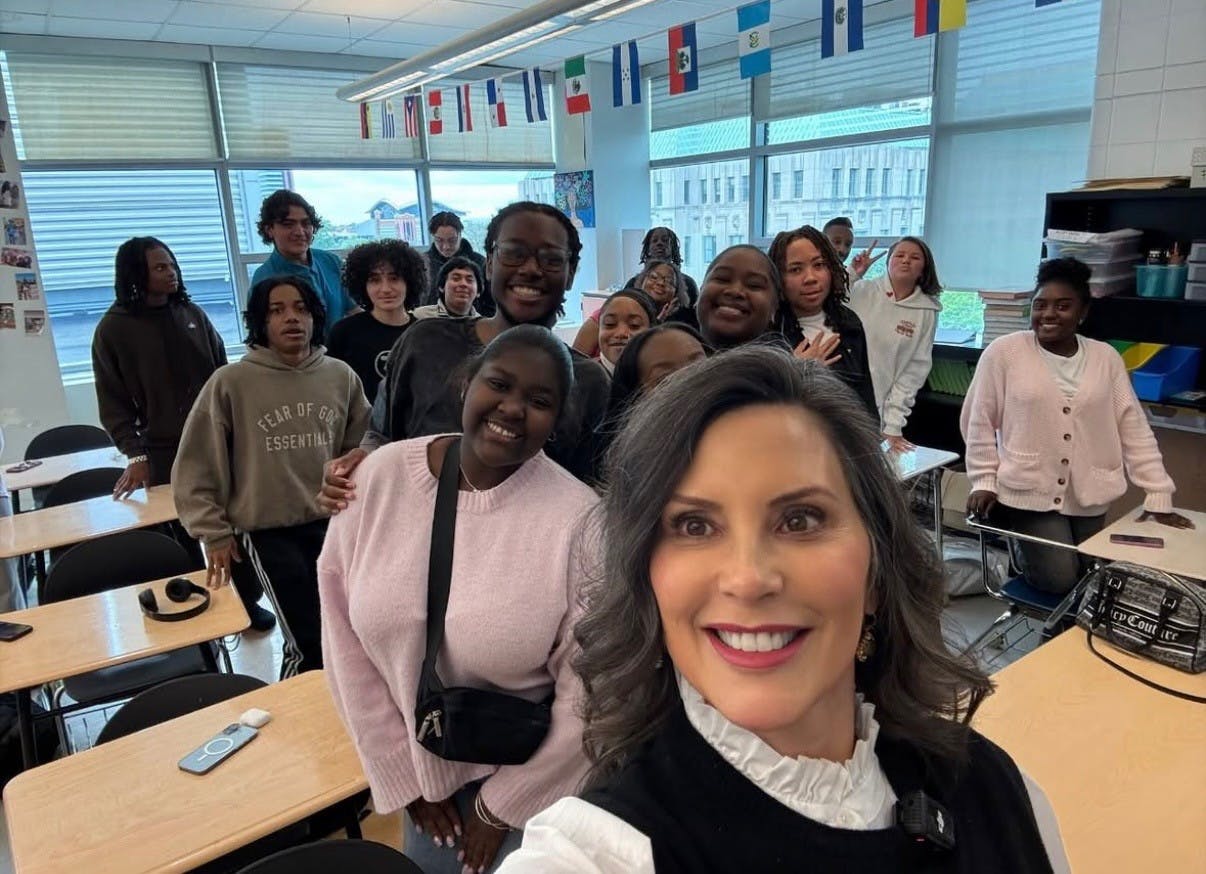 Gov. Gretchen Whitmer poses for a selfie with Cass Tech students during her visit to the school on May 20. Photo by Gretchen Whitmer.