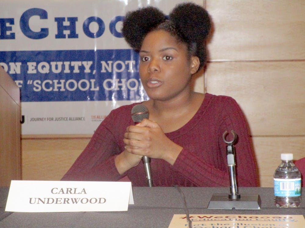 <p>Carla Underwood speaks during the We Choose Campaign Journey for Justice Alliance conference at Wayne State University.</p>