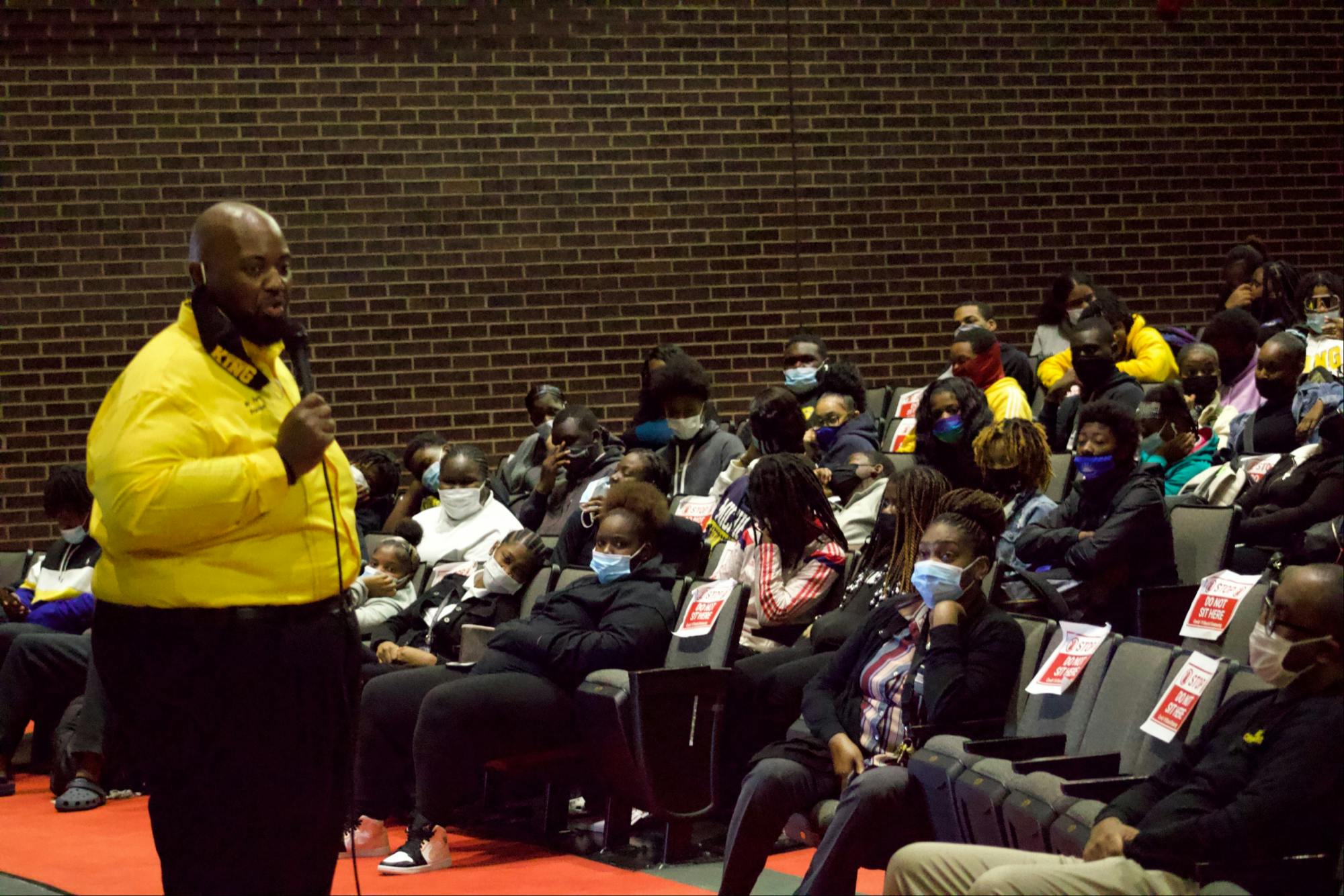 At the second town hall meeting, principal Damian Perry reminds students about the changes at King, the graduation rate, and the importance of credit recovery. Photo by Crusaders' Chronicle.