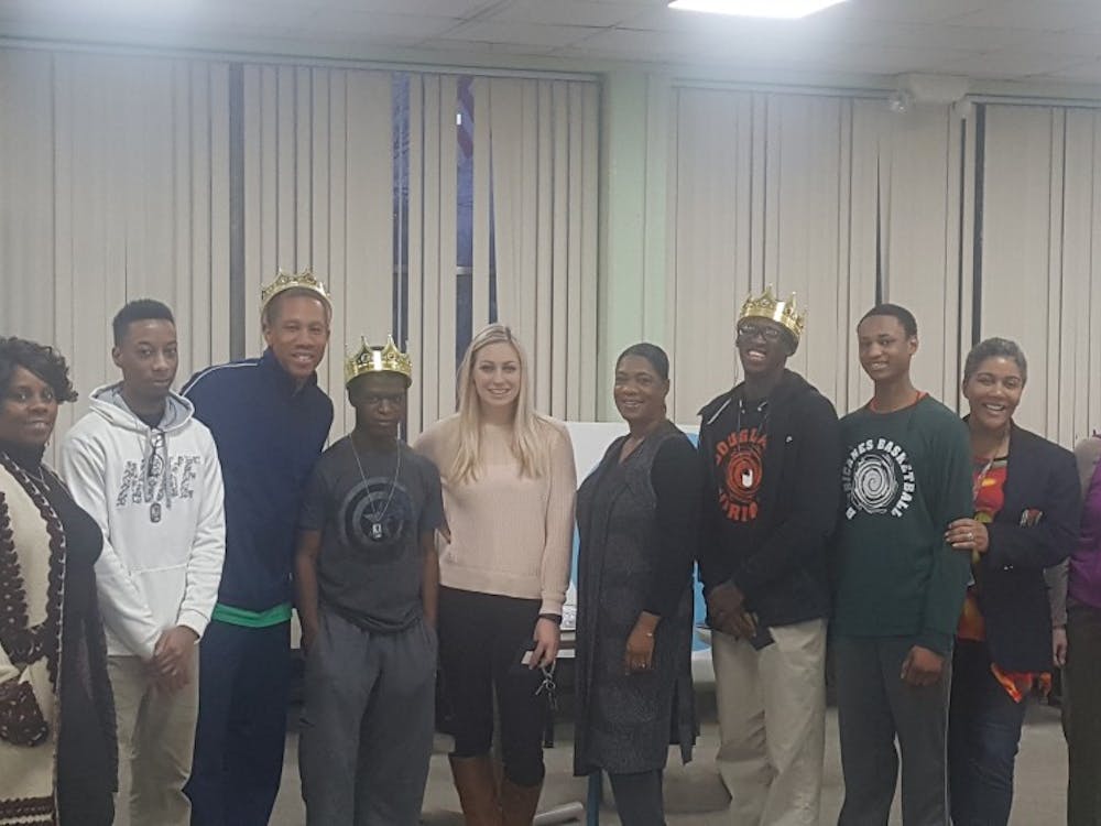 Students and staff of Douglass gather for a teacher appreciation breakfast, which was sponsored by Douglass' Dream Kings. 