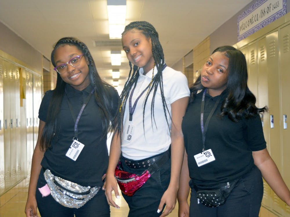 Sophomores line up to show off their fanny packs. Right to lefft: Aniya Carter, DeAsia Holmes and Ch’miya Curley.