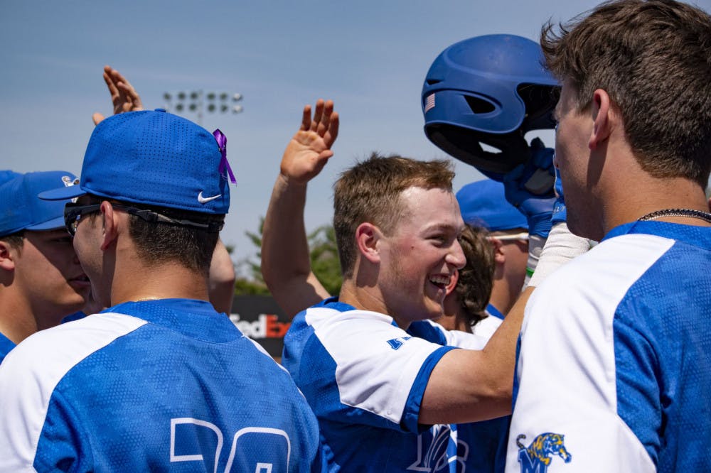 <p>Hunter Goodman celebrates with teammates after blasting a home run. The sophomore looks to continue off an impressive freshman campaign that saw hime being named&nbsp;<span>Third Team Preseason All-American by Collegiate Baseball in Dec. 2019.</span></p>