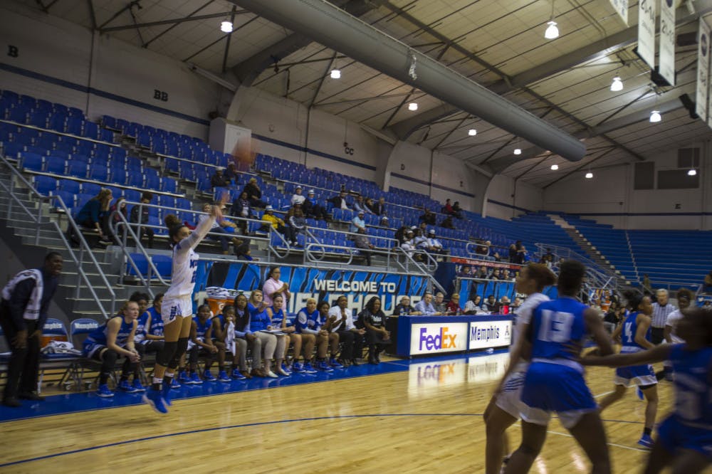 <p>Kiana Coomber takes a wide-open three-point shot against New Orleans (3-3). Memphis women's basketball fell to 2-6 after the 66-59 loss at home.</p>