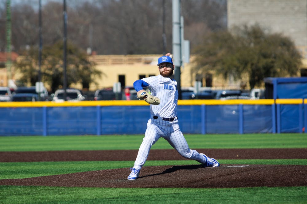 University of Memphis pitcher Logan Rushing winds up to pitch in the 6th inning of Memphis' 5-4 win over Valparaiso at Avron Fogelman Field on February 22, 2025.