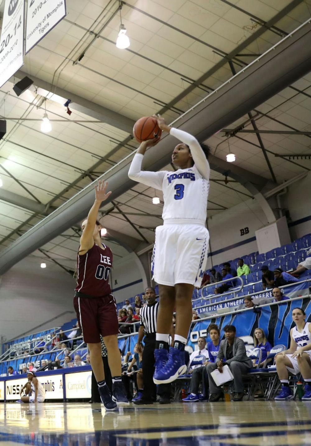 <p>Taylor Williams takes a corner jumper in the exhibition loss against Lee University. Williams leads the team with 26 made three-point shots. &nbsp;</p>