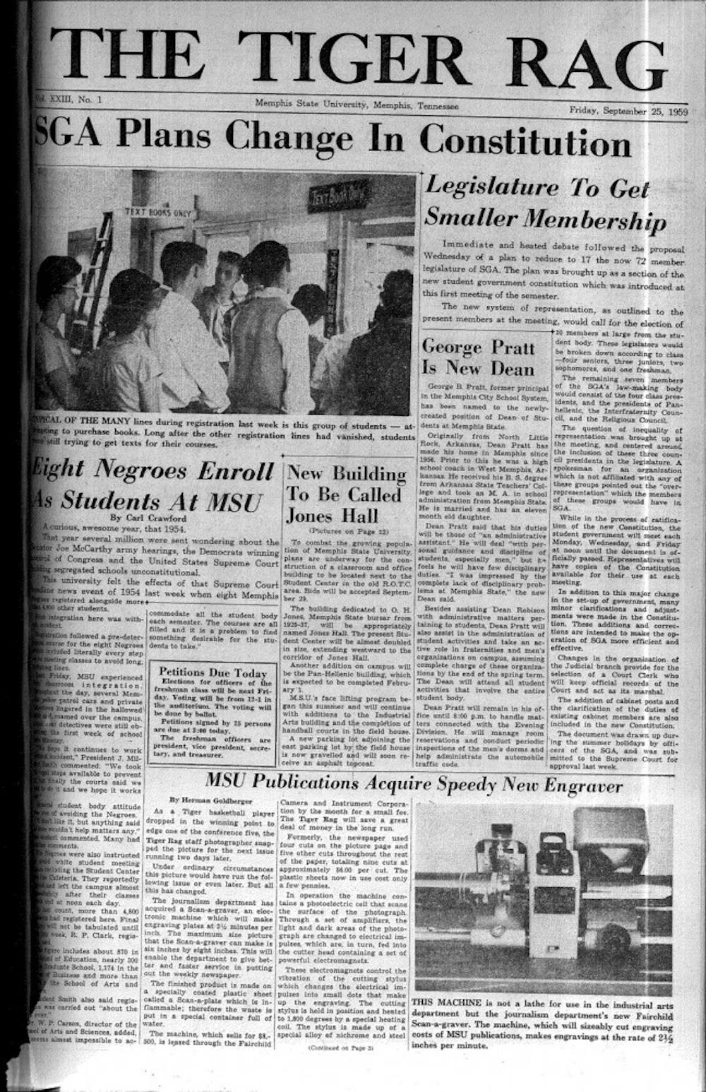 <p>The predecessor of <em>The Daily Helmsman</em>, <em>The Tiger Rag</em>, covered the integration of the University of Memphis with just a brief story at the bottom left corner of the front page. Eight students enrolled at the university in the fall of 1959 and became the first black students at the university.</p>