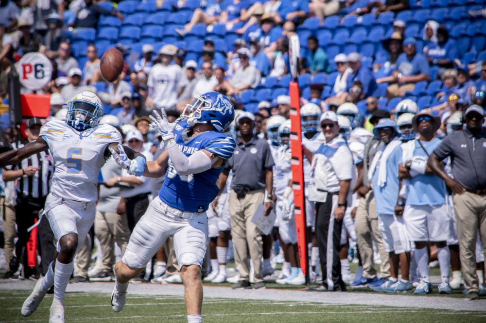 <p>Joey Magnifico making a grab in a game versus the Southern Jaguars. Memphis won 55-24 on September 7, 2019 at the Liberty Bowl Memorial Stadium.</p>