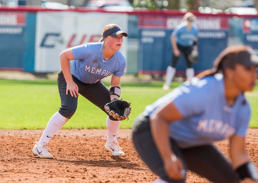 <p>Erin Parker prepares for the upcoming play as she watches the pitcher deliver the ball to the plate. Parker had two hits in the series against ECU.</p>