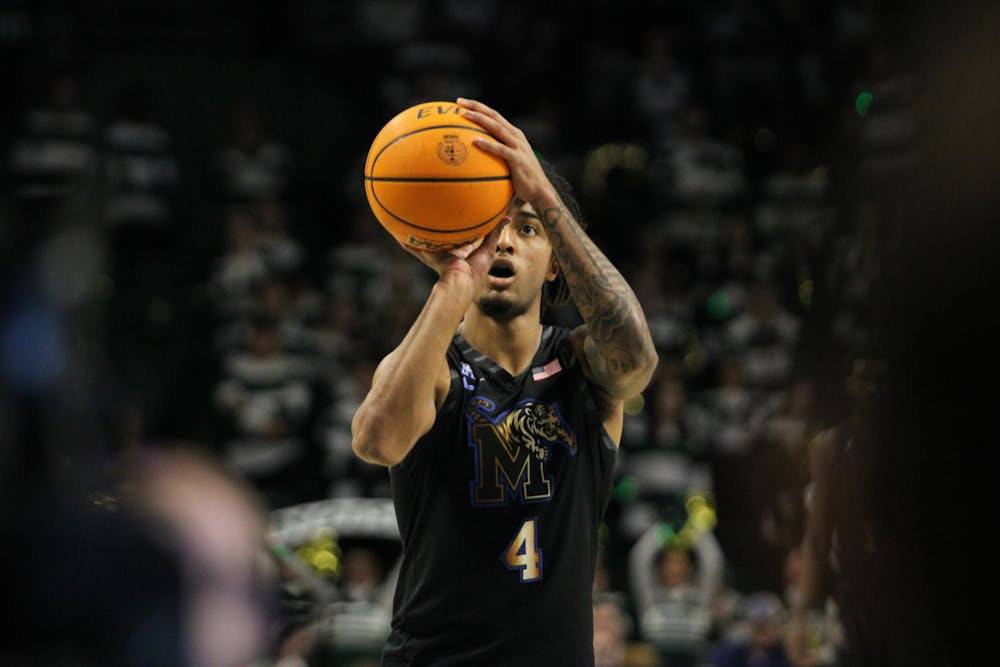 Memphis guard PJ Haggery shoots a free throw in the first half of the Tigers' game against UAB at Bartow Arena on March 2, 2025.