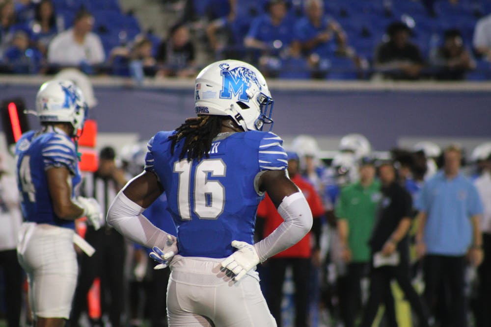 Defensive back Jordan Grier prepares for a play in Memphis' route of North Alabama.