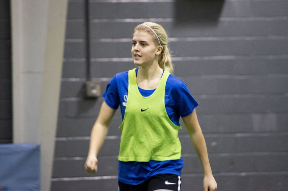 <p class="p1"><span class="s1"><strong>Isabella Mattsson looks on during a scrimmage for the UofM women’s soccer team. Mattsson hails from Mariehamn, Åland Island, Finland.</strong></span></p>