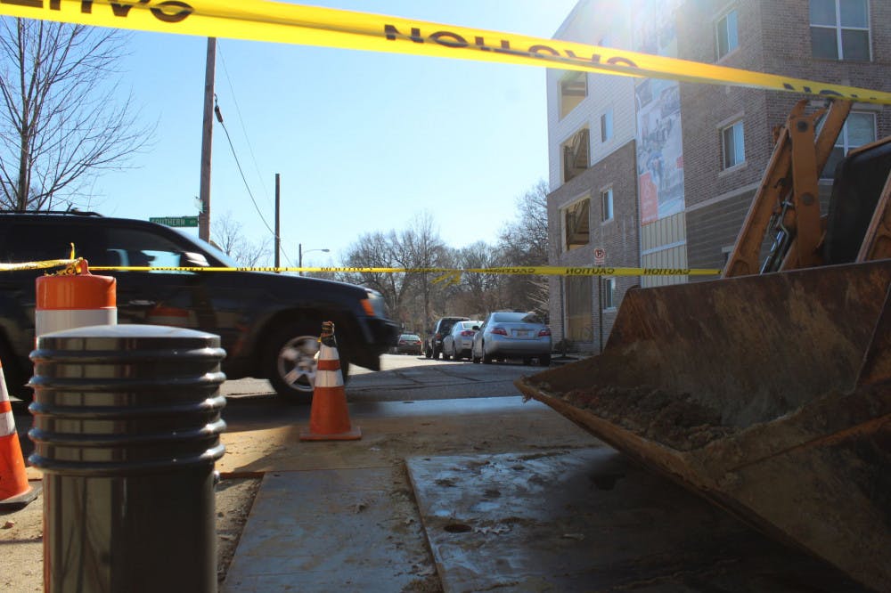 <p>The construction area right in front of the Gather on Southern apartment building. Tony Poteet, assistant director of Campus Planning and Design, said the parking garage on Southern Avenue should begin construction next month.</p>