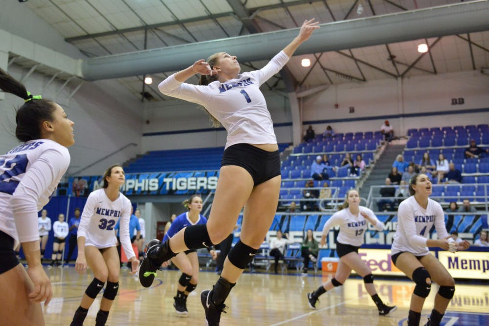 <p>Hannah Flowers looks to spike the ball against UConn. Memphis defeated UConn and Temple last weekend at home.</p>