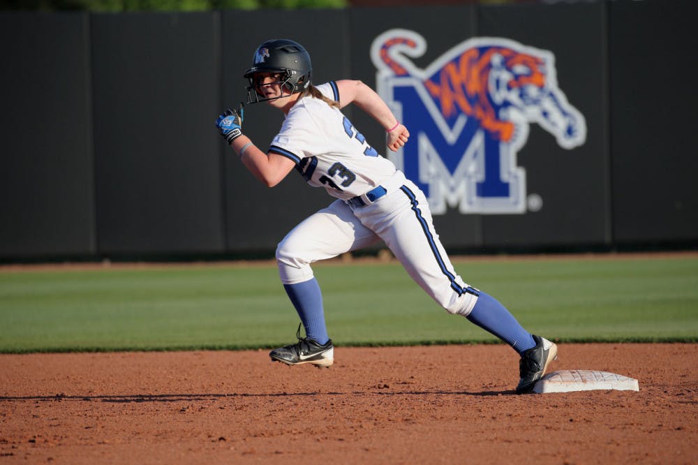 <p>Tori Harris pushes off second base to begin her run to third. Harris&nbsp;is a junior catcher and has played in four games as a Tiger.&nbsp;</p>