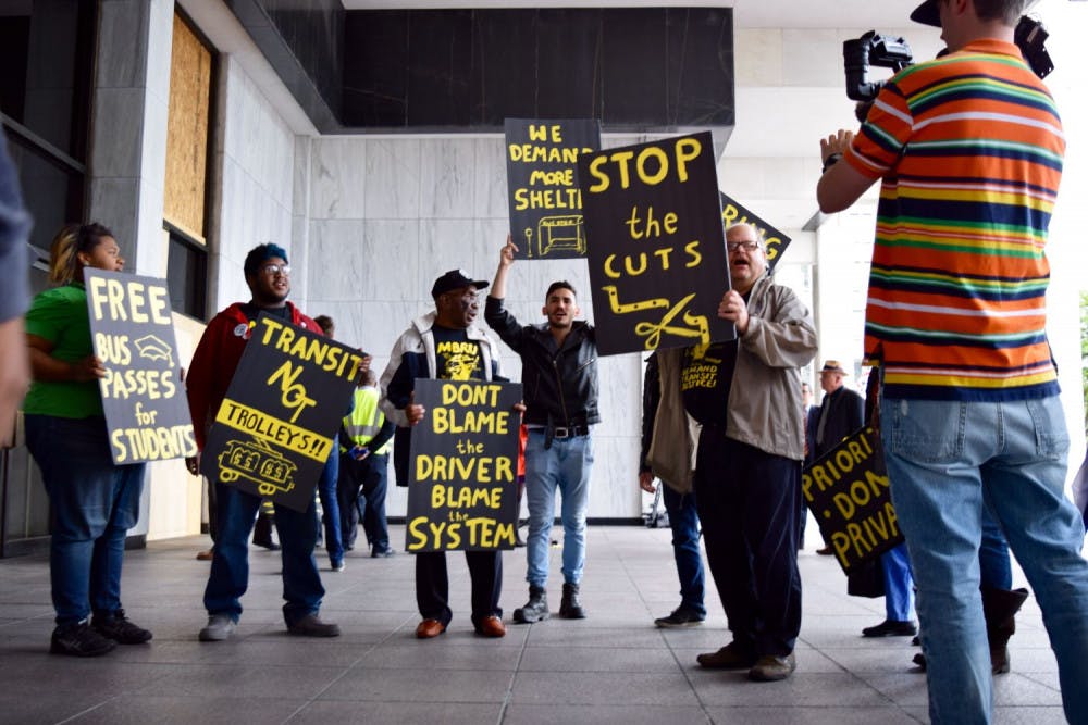 <p>Members of the Memphis Bus Riders Union protested outside City Hall Tuesday afternoon with signs and chanting, saying they wanted more money for Memphis’ public transit system.&nbsp;</p>