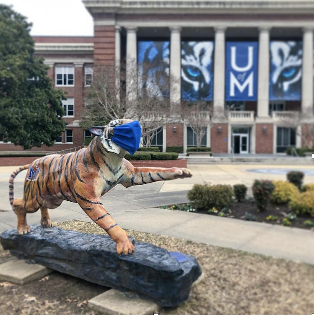 <p>Tiger statues can be found wearing face coverings around campus. This was done to promote safe interactions for students and faculty.</p>