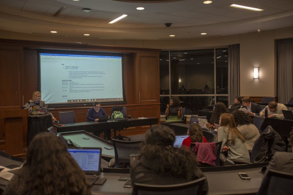 <p>Kevyanna Rawls, the president of the student government association, leads the SGA meeting on Thursday night. A revamp to the University of Memphis website as well as a mental health summit were among the things discussed.&nbsp;</p>